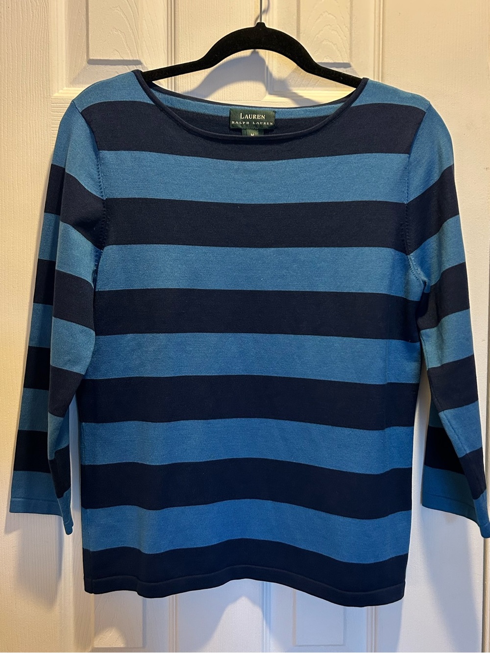 Lauren Ralph Lauren Silk Blend Striped 3/4 sleeve sweater, Blue & Navy, size Med